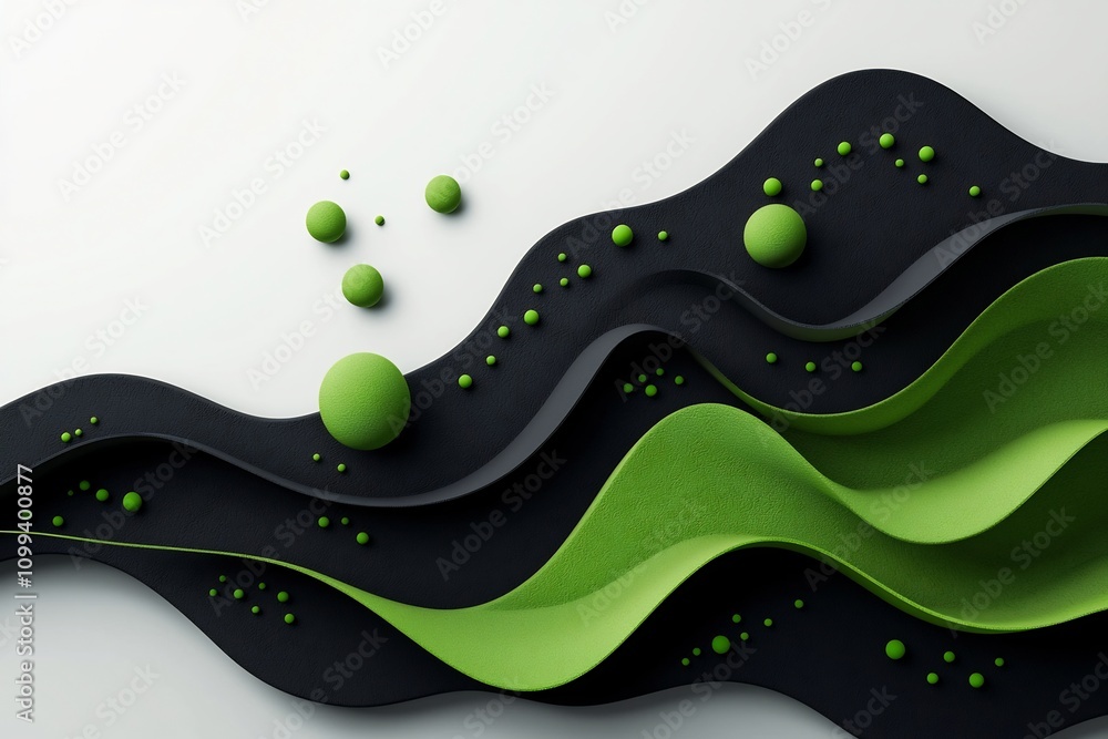 Poster striking abstract 3d rendering of a minimalist landscape with flowing green wave like shapes dots an