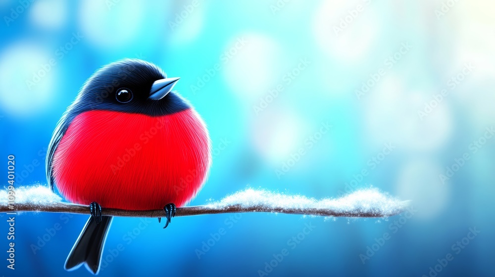 Poster small red bird is sitting on a branch. the bird is looking at the camera. the background is blue and