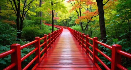 Fototapeta premium One red wood boardwalk (road) surrounded by spring trees, viewed from above, showcasing the fresh spring landscape in ultra-realistic HD quality.