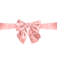 Fototapeta premium Pink bow with horizontal ribbon. Hand drawn watercolor illustration of shiny tie bow on white isolated background. Satin design festive frame for Valentine's day cards, present holiday decorations.