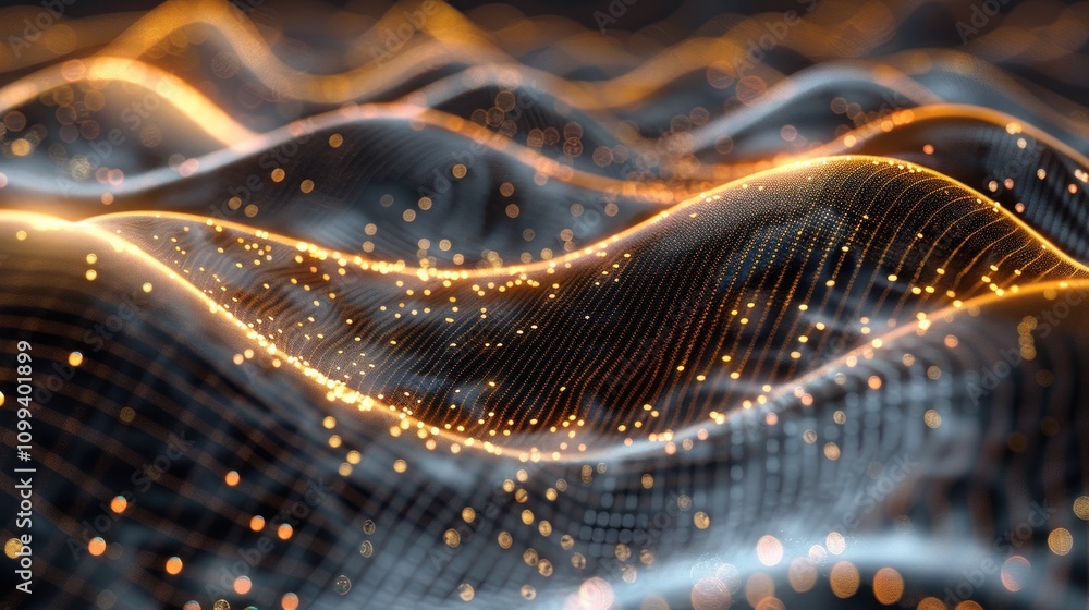 Poster Abstract glowing wave background with particles.