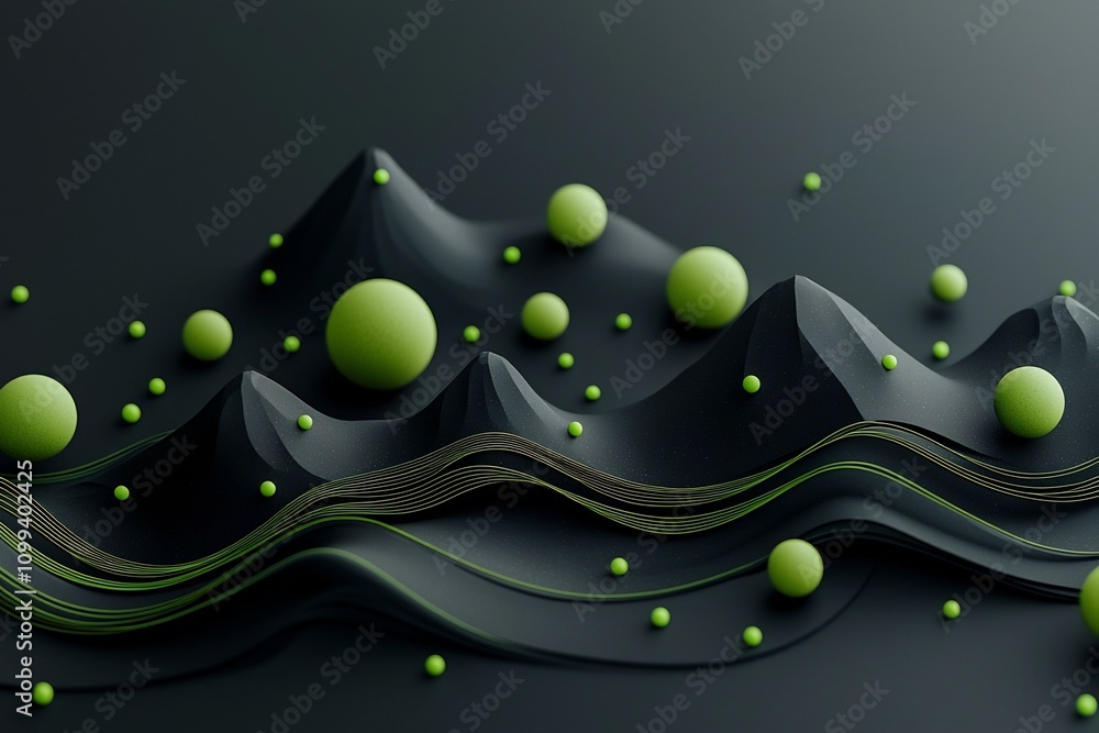 Poster striking dark abstract background with a dynamic wave like pattern created by vibrant green dots and