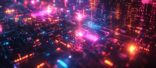 Obraz premium Abstract neon lights and glowing lines forming a digital city in the metaverse, perfect for science fiction themes.