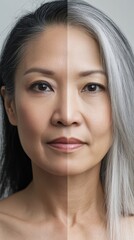 Obraz premium Portrait of stunning Asian woman with youthful and aged contrast, serene grace