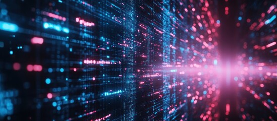 Obraz premium Abstract digital data stream with glowing blue and pink lines and particles in a dark background.