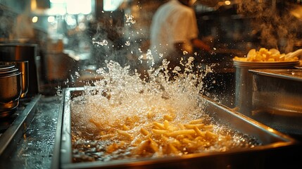 French Fries Being Fried In Boiling Oil In A Restaurant Kitchen