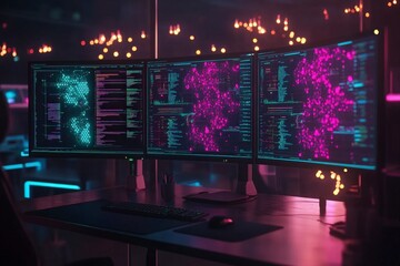 Obraz premium High-Tech Cybersecurity Workspace Featuring Multiple Monitors Displaying Colorful Data Visualizations and Network Activities in a Modern Digital Environment