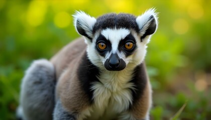 Obraz premium Ring-tailed Lemur with expressive brown eyes sat in grass