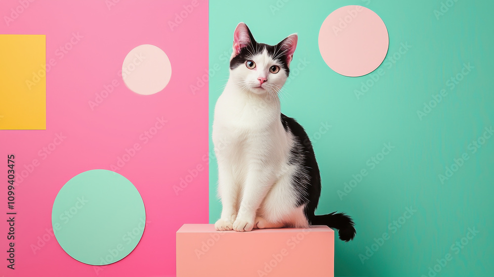 Poster minimalist cat sits on pastel block against vibrant background of circular shapes. playful colors cr