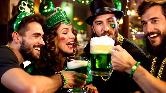 A group of four friends in costume celebrating St. Patrick's Day. Festive and celebratory scene.