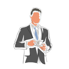 Coffee break, business man in suit holding cup of coffee, isolated vector drawing illustration on white background