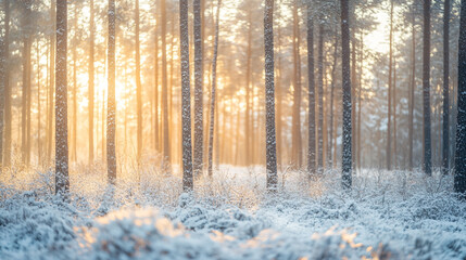 Naklejka premium Winter sunlight filtering through tall trees in a snow-covered forest at dawn