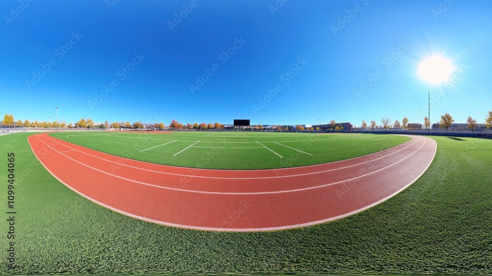 Poster a panoramic view of a running track and a soccer field under a clear blue sky.