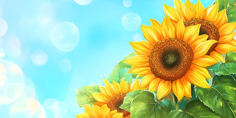 Obraz premium Digital Illustration of Sunflower with Blue Background and White Bubbles