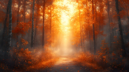 Fototapeta premium A dreamy digital painting-style depiction of a misty autumn morning, with soft sunlight breaking through dense orange and gold-colored trees, illuminating a forest path.