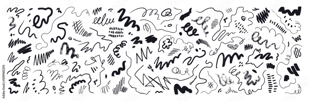 Poster scribbles, sketch line drawings, freehand brushstrokes set. pencil drawn ink design elements in dood