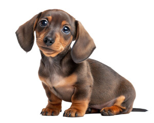 Smooth hair dachshund puppy isolated on white background. Smooth hair dachshund sitting and looking at camera on white