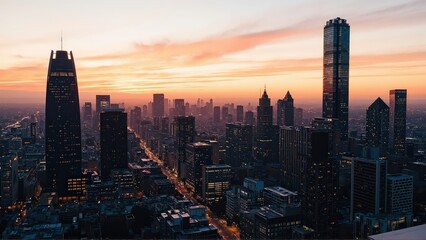 Fototapeta premium Generative AI, Modern Metropolis at Sunset with Reflective Skyscrapers