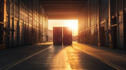 Morning Light in Cargo Logistics: Break Bulk to Container Consolidation Facility with Specialized Loading Equipment, Showcasing Ground-Level Perspective in Ultra HD.