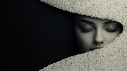 Sinnliches Portrait einer Frau mit geschlossenen Augen hinter Formation aus Reis. Illustration mit schwarzem Hintergrund 