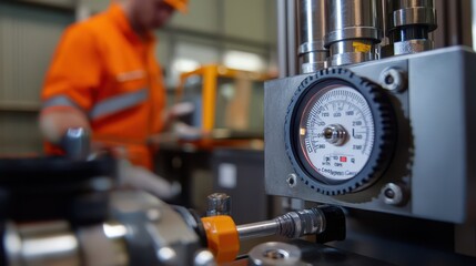 Precision Engineering in Action: Engineer Testing Container Locking Systems in Mixed Lighting with Torque Equipment and Calibration Tools - Ultra HD Technical Photography.