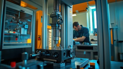 Precision Engineering in Action: Engineer Testing Container Locking Systems in Mixed Lighting with Torque Equipment and Calibration Tools - Ultra HD Technical Photography.