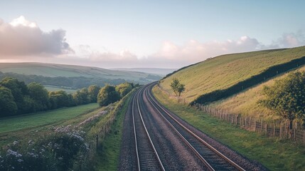 Train tracks wind through a valley with lush green fields and hills under a clear blue sky at sunset.