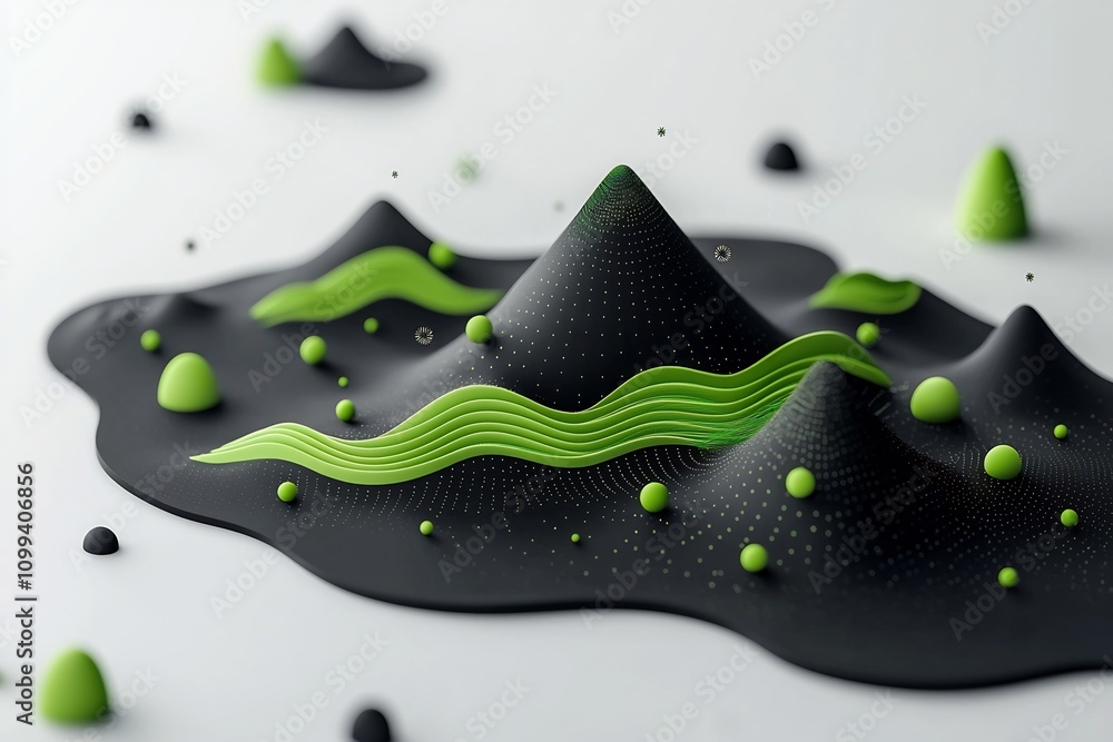 Poster striking abstract landscape featuring a dark minimalist background with waves of green dots and line