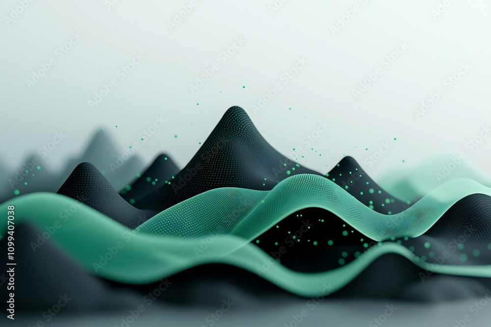 Poster abstract digital featuring a dark moody background with a wave like pattern of green dots and lines 