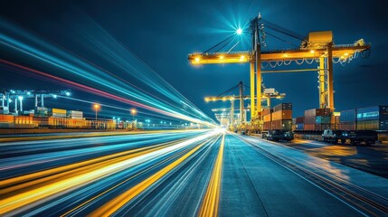 Nighttime Container Terminal: LED Light Trails and Autonomous Straddle Carriers in Synchronized Movement, Captured in Elevated Long Exposure for a Dramatic Industrial Atmosphere.
