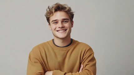 Obraz premium Handsome Young Man Smiling with Folded Arms and Positive Energy