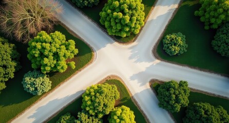 Many intersecting different white gravel paths surrounded by spring trees, viewed from high above in an ultra-realistic, detailed scene.