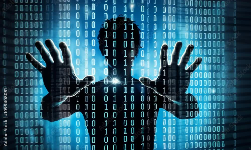Poster silhouette against binary code: symbol of cybersecurity