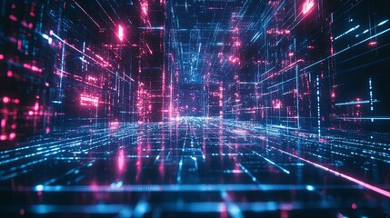 Obraz premium Neon Digital Cityscape Glowing Lines Abstract Background