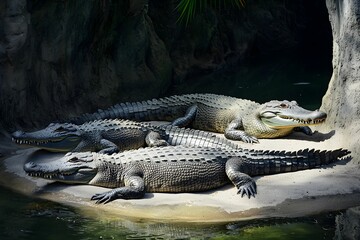 Obraz premium Three crocodiles resting on a rock by the water in a wildlife habitat