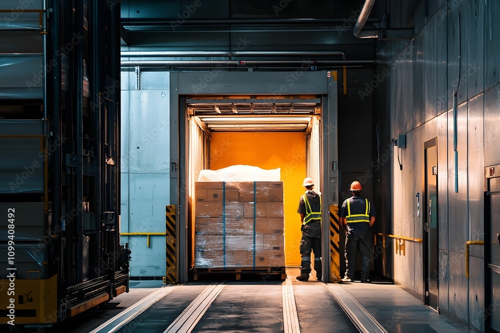 Poster workers unloading freight at a loading dock in an industrial facility