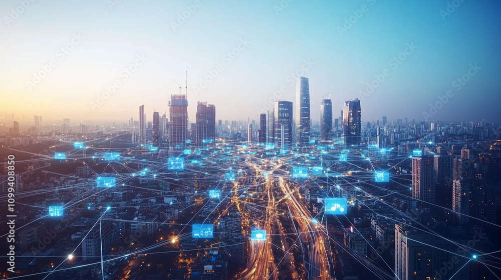 Poster internet of things applications illustrated within a smart city context, emphasizing communication a