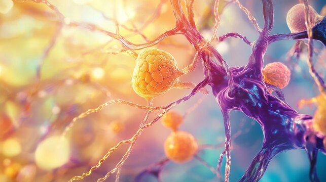 An artistic depiction of the human lymphatic system with glowing lymph nodes and vessels against a vibrant, abstract background, Creative style
