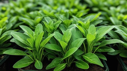 Obraz premium Close-up view of fresh green leafy plants in small containers, growing in soil, with lush foliage in the background