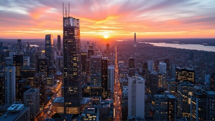 Obraz premium Generative AI, Modern Metropolis at Sunset with Reflective Skyscrapers