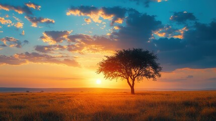 Fototapeta premium A wide-open savannah with acacia trees and a dramatic sunset, African nature landscape. dramatic lighting.