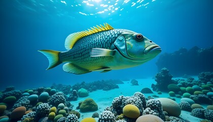 A Green fish in the crystal clear water of sea 