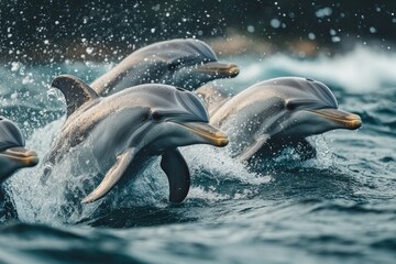 Fototapeta premium A pod of dolphins leaps out of the water, creating a spray of water droplets.