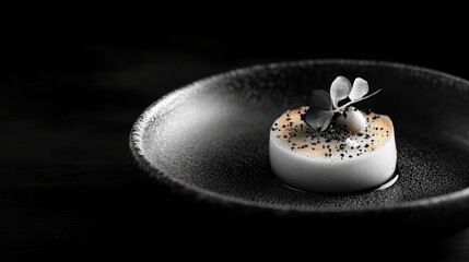 black and white realistic arty surrealist photography of a luxurious gastronomic dish, black background. exquisite details, and high resolution. In an overall black tone. Film Noir photography.