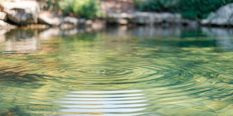 Fototapeta premium A serene close-up of ripples expanding across a crystal-clear lake, surrounded by vibrant spring foliage. The scene captures the beauty and tranquility of nature as it awakens in springtime.