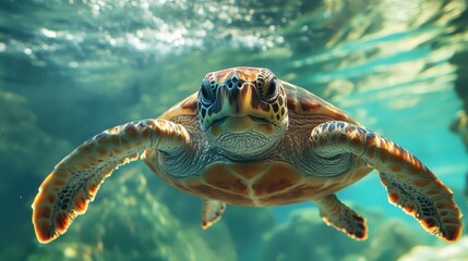 Obraz premium A stunning underwater view of a green sea turtle gracefully swimming through crystal clear waters, showcasing its beauty and elegance.