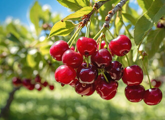 Obraz premium A cluster of fresh cherries hanging from a tree branch