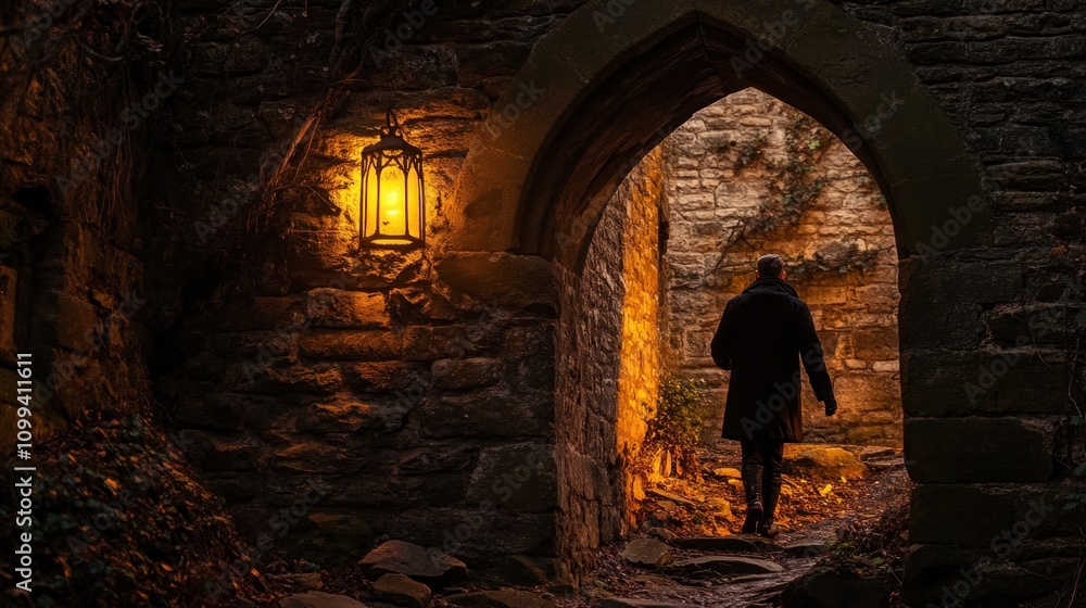 Poster a lone figure walks through a stone archway with a lantern casting a warm glow on the path.