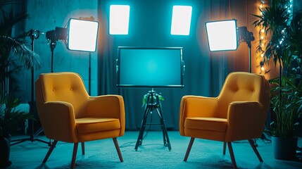 Studio Setup With Two Yellow Chairs And Lighting