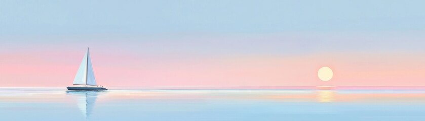 Fototapeta premium A serene seascape at sunset featuring a sailboat silhouetted against pastel skies and tranquil waters.